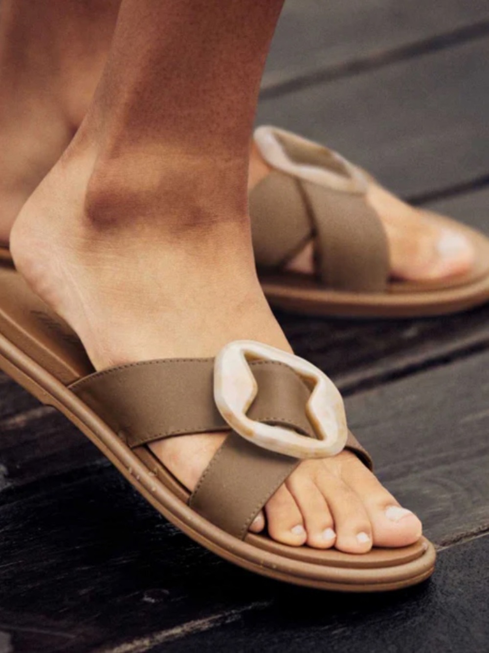 Olukai Women’s Tan Slide Sandals with Decorative Buckle - Picture 3 of 3